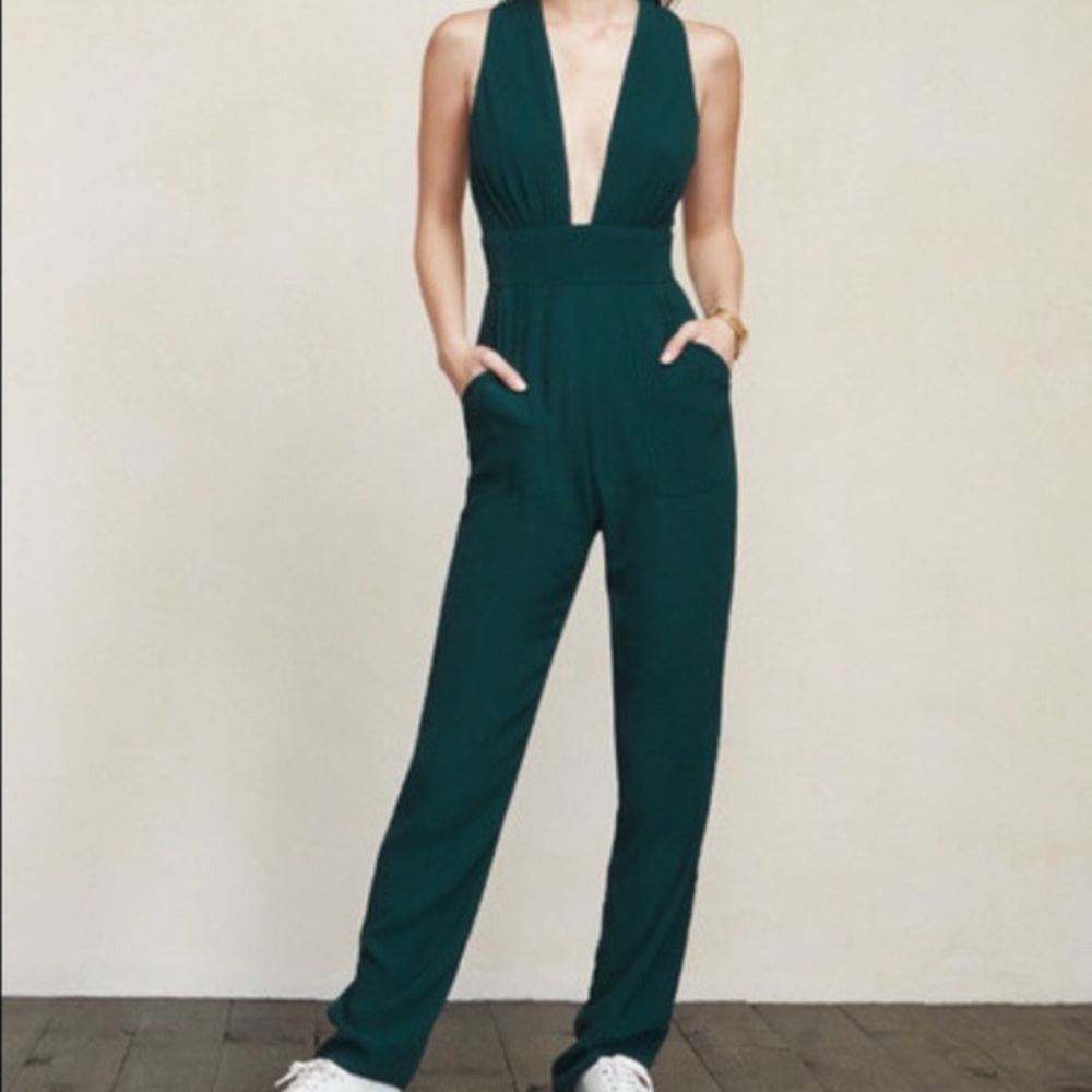 Reformation Ceci emerald green low cut jumpsuit